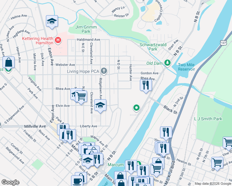 map of restaurants, bars, coffee shops, grocery stores, and more near 222 Rhea Avenue in Hamilton