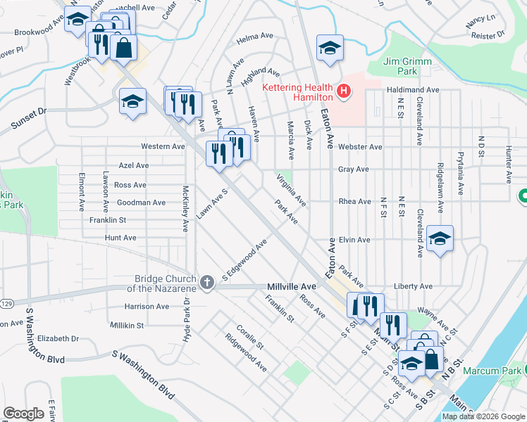 map of restaurants, bars, coffee shops, grocery stores, and more near 923 Park Avenue in Hamilton