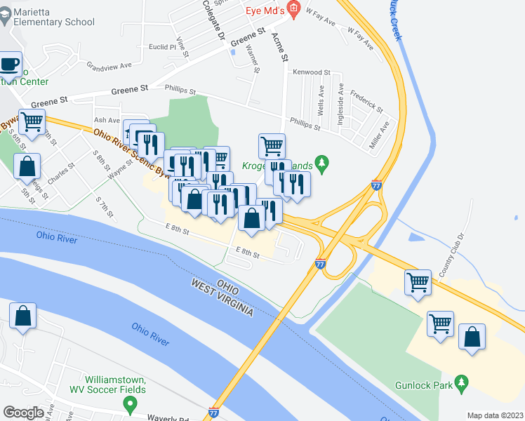 map of restaurants, bars, coffee shops, grocery stores, and more near 498 Ohio River Scenic Byway in Marietta