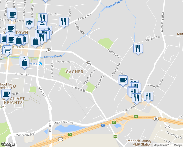 map of restaurants, bars, coffee shops, grocery stores, and more near 75 Hamilton Avenue in Frederick