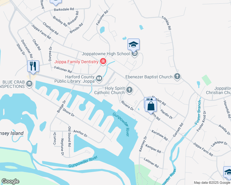 map of restaurants, bars, coffee shops, grocery stores, and more near 590 Renee Drive in Harford County