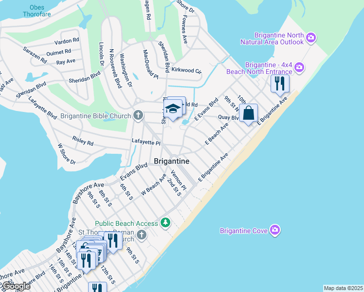 map of restaurants, bars, coffee shops, grocery stores, and more near 301 East Evans Boulevard in Brigantine