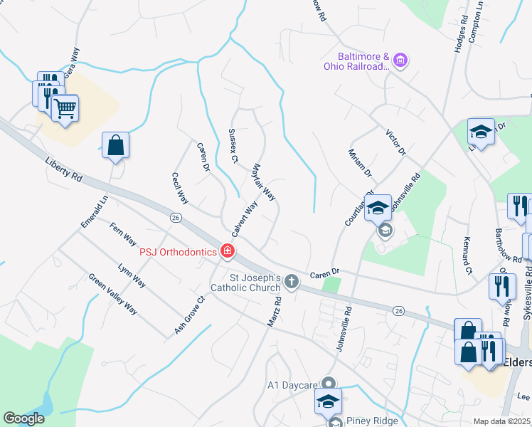 map of restaurants, bars, coffee shops, grocery stores, and more near 904 Derby Drive in Eldersburg