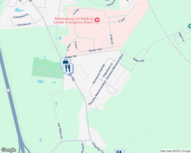 map of restaurants, bars, coffee shops, grocery stores, and more near 225 Richwood Hall Road in Kearneysville
