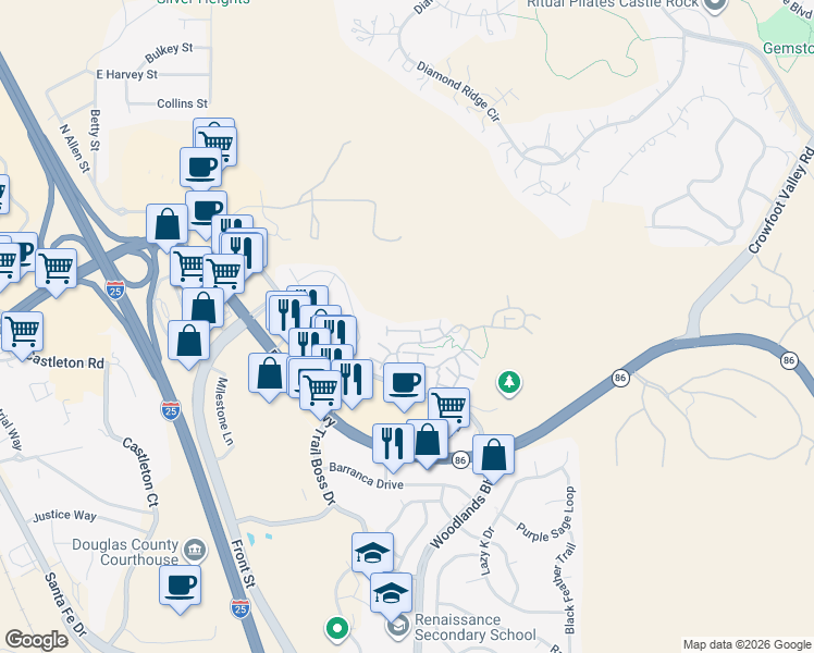 map of restaurants, bars, coffee shops, grocery stores, and more near 619 Hanging Rock Place in Castle Rock