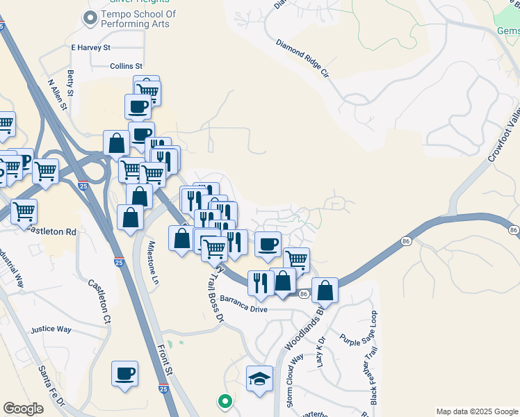 map of restaurants, bars, coffee shops, grocery stores, and more near 553 Hanging Rock Place in Castle Rock