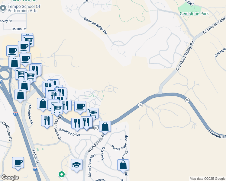 map of restaurants, bars, coffee shops, grocery stores, and more near Purple Sky Way in Castle Rock