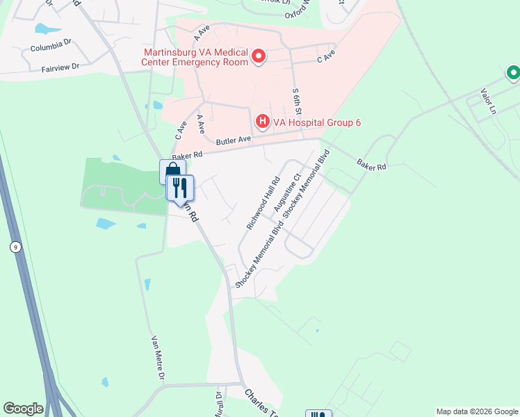 map of restaurants, bars, coffee shops, grocery stores, and more near 236 Richwood Hall Road in Martinsburg