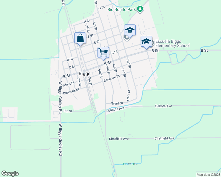 map of restaurants, bars, coffee shops, grocery stores, and more near 2907 5th Street in Biggs