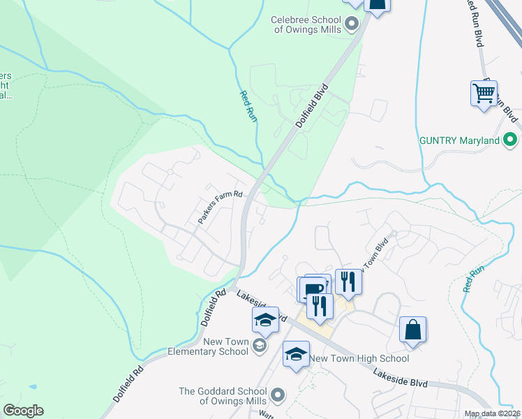 map of restaurants, bars, coffee shops, grocery stores, and more near 4911 Riders Court in Owings Mills