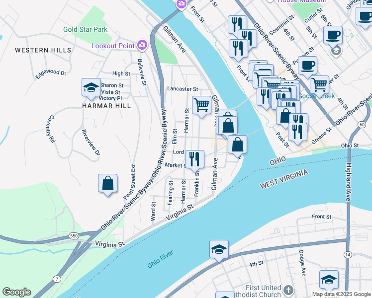 map of restaurants, bars, coffee shops, grocery stores, and more near 220 Harmar Street in Marietta