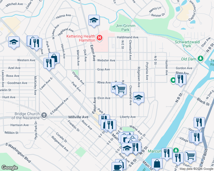 map of restaurants, bars, coffee shops, grocery stores, and more near 543 Rhea Avenue in Hamilton
