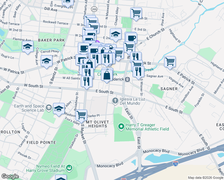 map of restaurants, bars, coffee shops, grocery stores, and more near 101 East South Street in Frederick