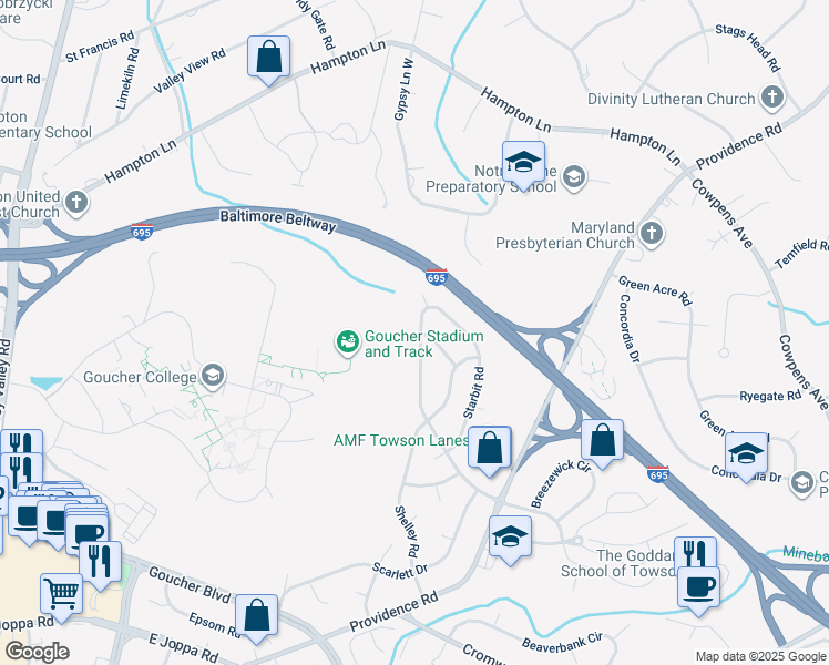 map of restaurants, bars, coffee shops, grocery stores, and more near 926 Southwick Drive in Towson