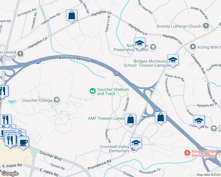 map of restaurants, bars, coffee shops, grocery stores, and more near 926 Southwick Drive in Towson