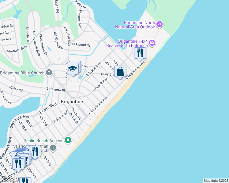map of restaurants, bars, coffee shops, grocery stores, and more near 212 7th Street North in Brigantine