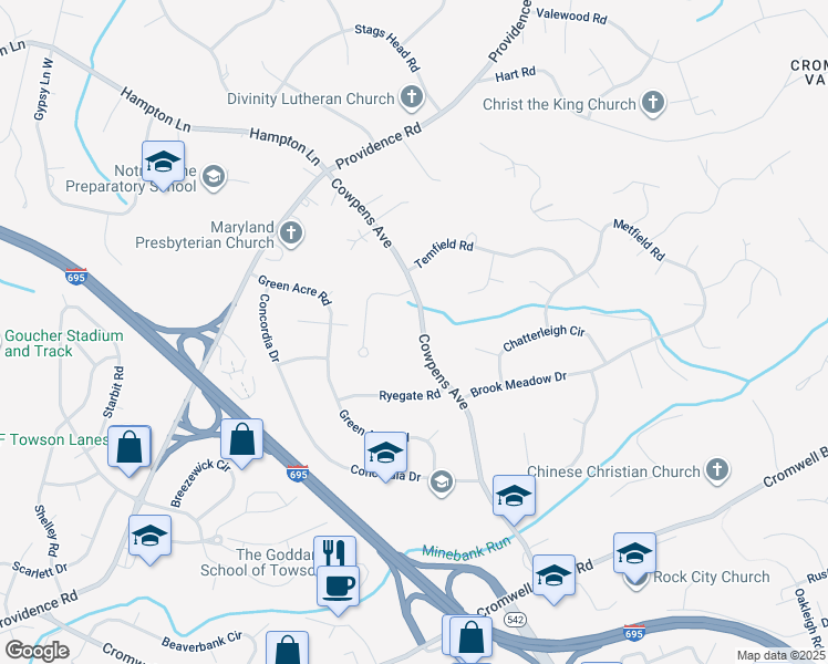 map of restaurants, bars, coffee shops, grocery stores, and more near 1107 Cowpens Avenue in Towson