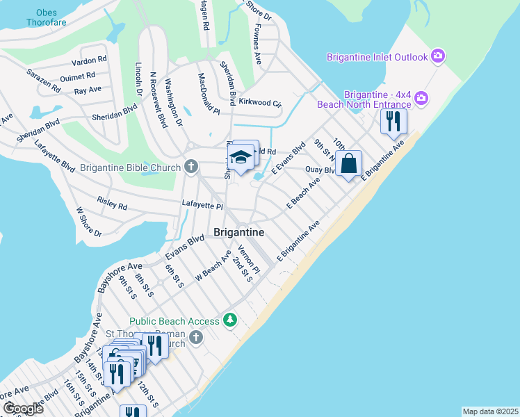 map of restaurants, bars, coffee shops, grocery stores, and more near 263 East Evans Boulevard in Brigantine