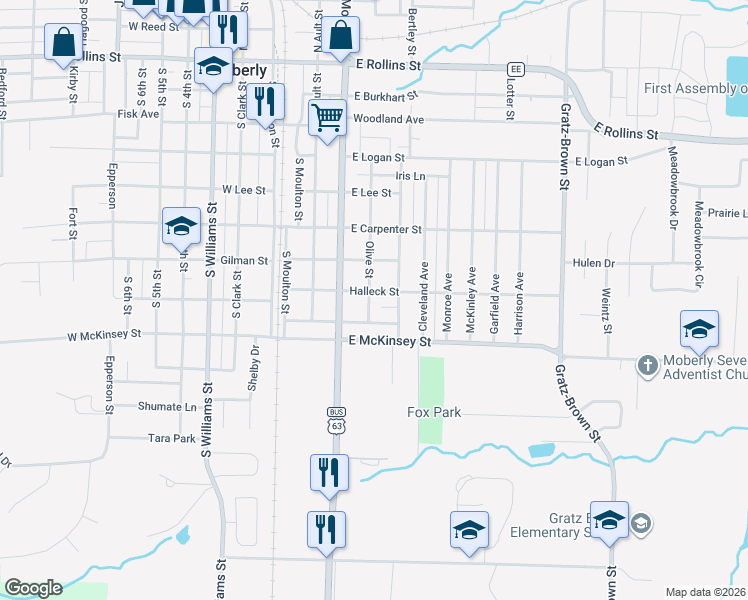 map of restaurants, bars, coffee shops, grocery stores, and more near 300-398 Halleck Street in Moberly