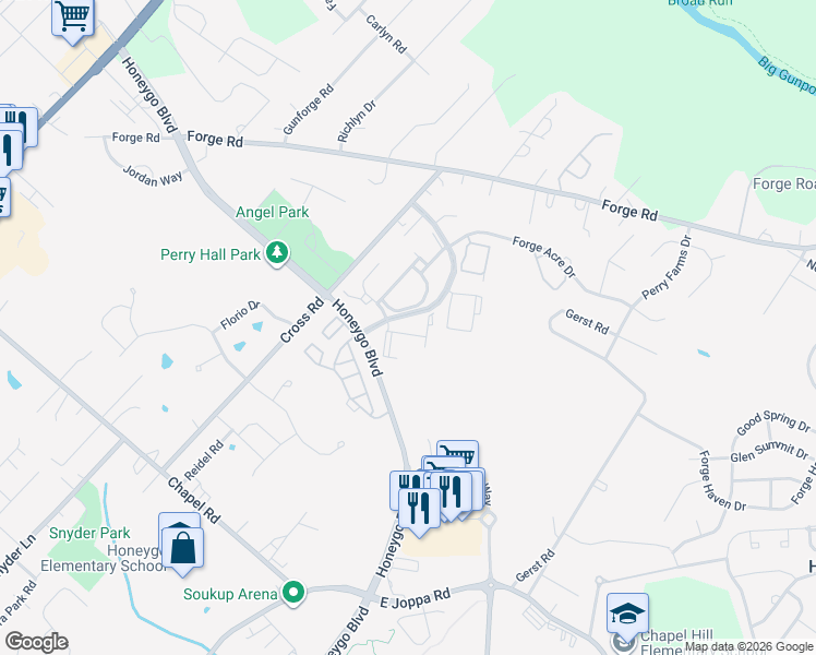 map of restaurants, bars, coffee shops, grocery stores, and more near 9606M Haven Farm Road in Perry Hall