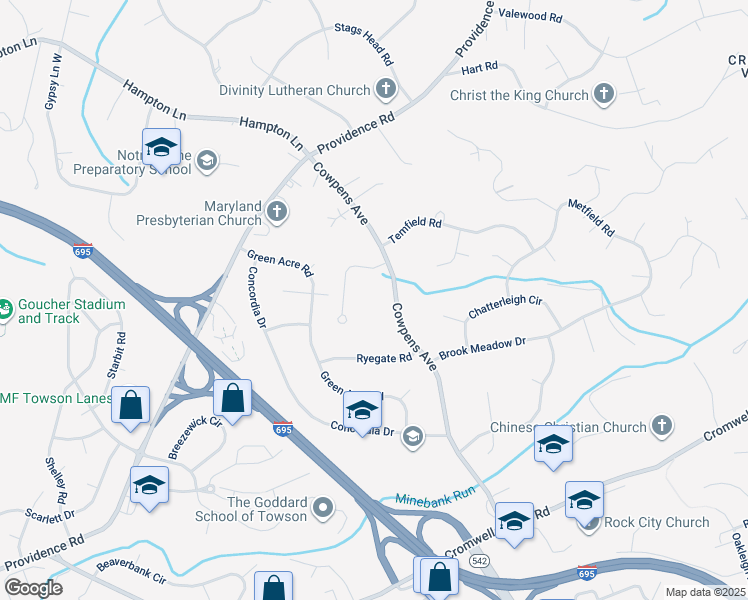 map of restaurants, bars, coffee shops, grocery stores, and more near 1107 Cowpens Avenue in Towson