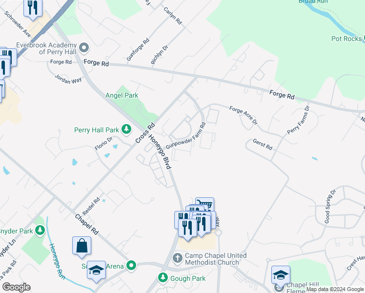 map of restaurants, bars, coffee shops, grocery stores, and more near 9606 Haven Farm Road in Perry Hall