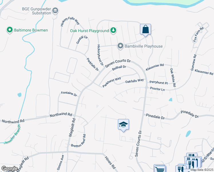 map of restaurants, bars, coffee shops, grocery stores, and more near 3621 Parkhurst Way in Perry Hall