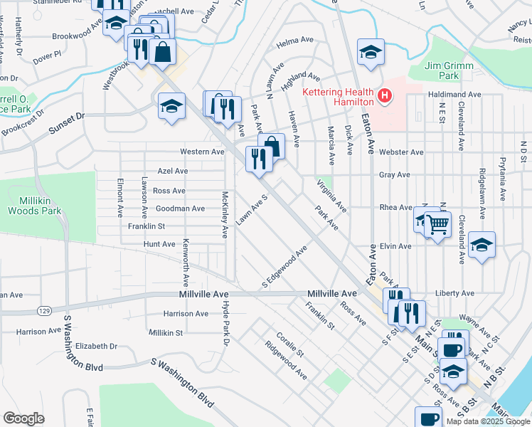 map of restaurants, bars, coffee shops, grocery stores, and more near 880 Ross Avenue in Hamilton