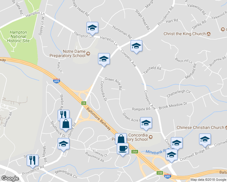map of restaurants, bars, coffee shops, grocery stores, and more near 1003 Dunblane Road in Towson