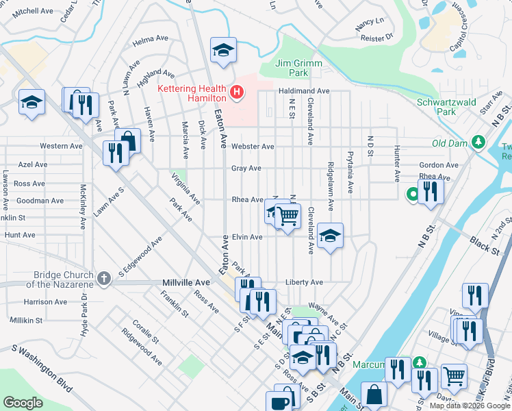 map of restaurants, bars, coffee shops, grocery stores, and more near 543 Rhea Ave in Hamilton