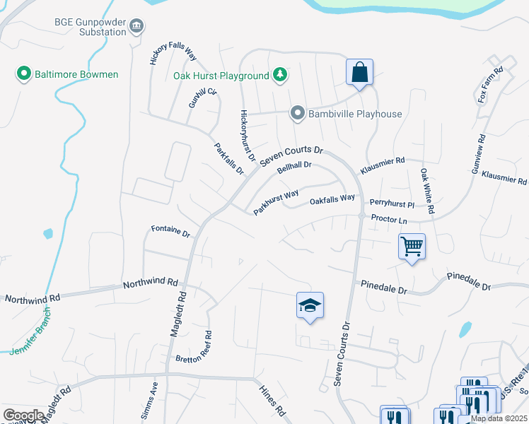 map of restaurants, bars, coffee shops, grocery stores, and more near 3621 Parkhurst Way in Perry Hall