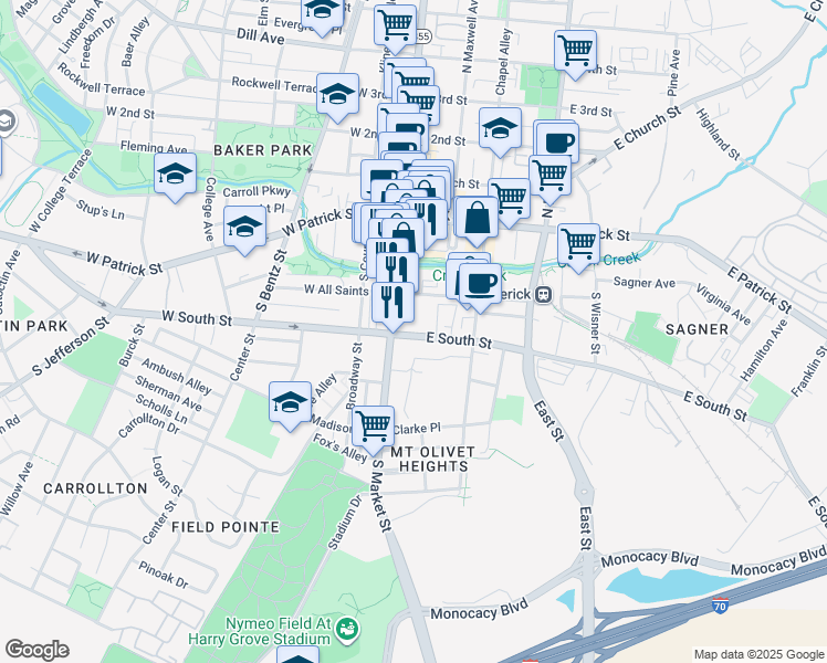 map of restaurants, bars, coffee shops, grocery stores, and more near 13 East South Street in Frederick