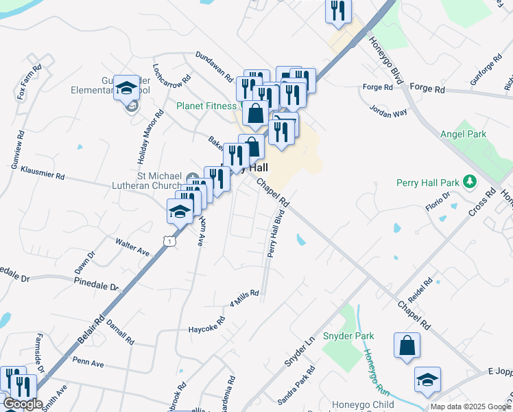 map of restaurants, bars, coffee shops, grocery stores, and more near Chapeltowne Circle in Nottingham