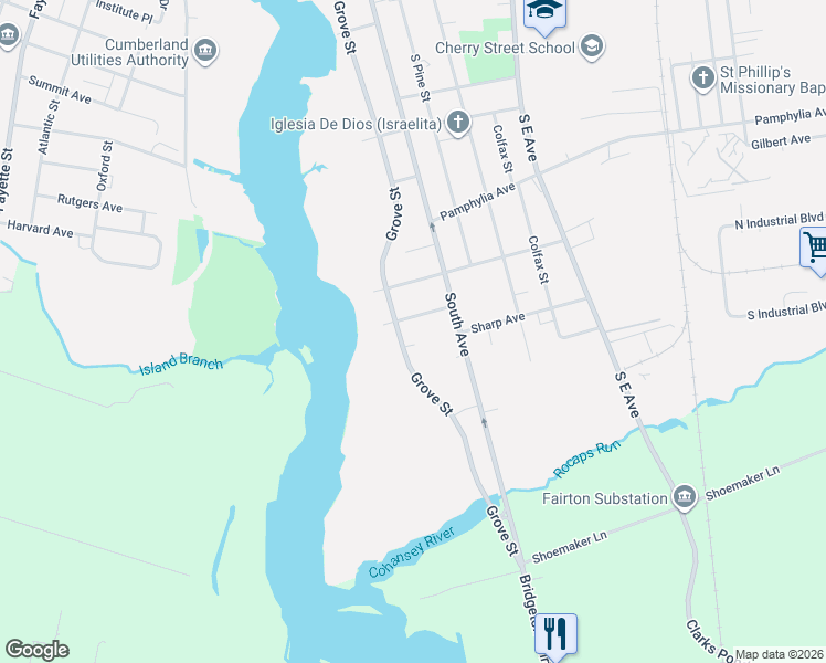 map of restaurants, bars, coffee shops, grocery stores, and more near 36 Morris Avenue in Bridgeton