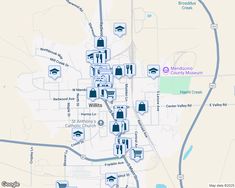 map of restaurants, bars, coffee shops, grocery stores, and more near 120 Pearl Street in Willits