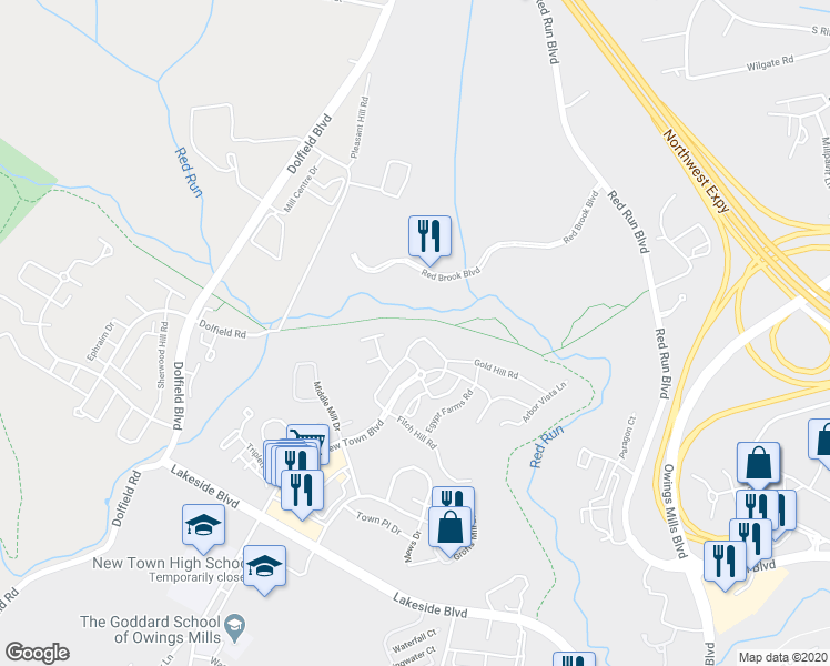 map of restaurants, bars, coffee shops, grocery stores, and more near 2032 Hunting Ridge Gold Hill Road in Owings Mills