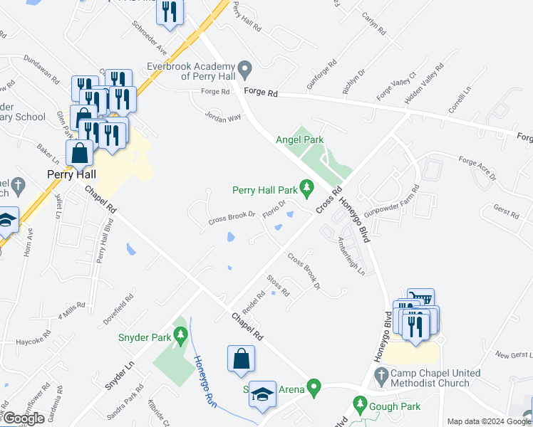 map of restaurants, bars, coffee shops, grocery stores, and more near 4202 Florio Drive in Perry Hall