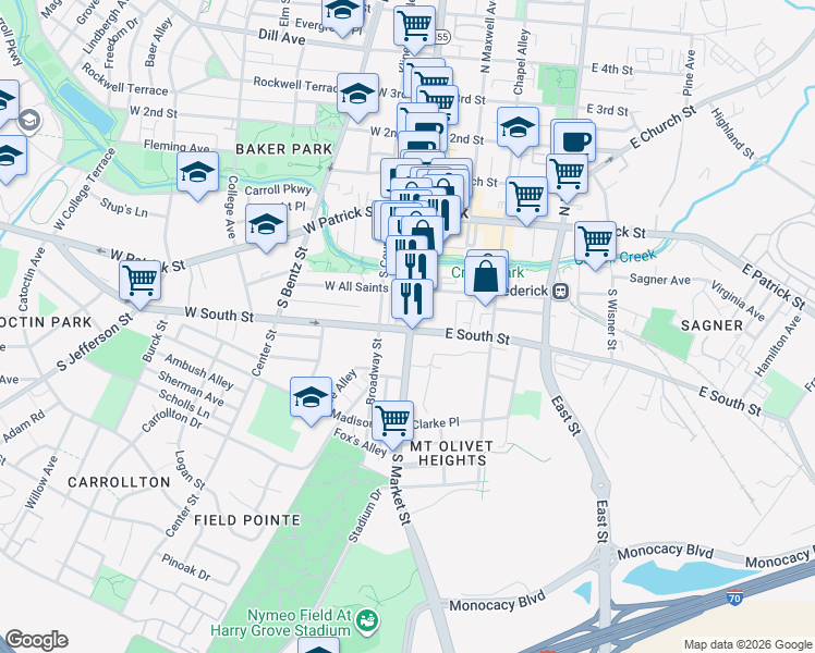 map of restaurants, bars, coffee shops, grocery stores, and more near 141 South Market Street in Frederick
