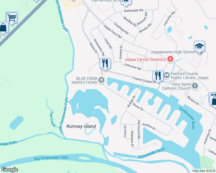 map of restaurants, bars, coffee shops, grocery stores, and more near 755 Shore Drive in Harford County