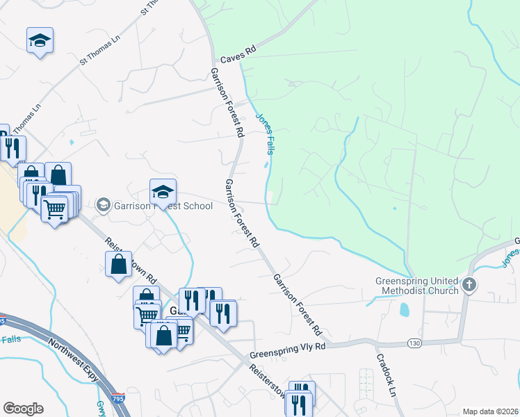 map of restaurants, bars, coffee shops, grocery stores, and more near 7 Chittenden Lane in Owings Mills