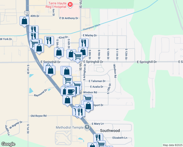 map of restaurants, bars, coffee shops, grocery stores, and more near 820 Sunset Pike Drive in Terre Haute