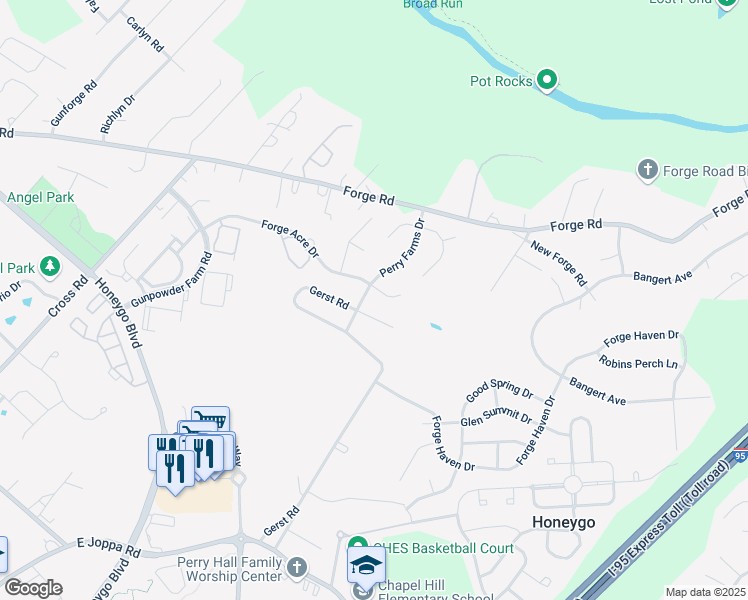map of restaurants, bars, coffee shops, grocery stores, and more near 4821 Forge Acre Drive in Perry Hall
