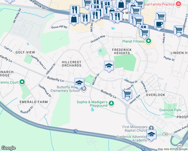 map of restaurants, bars, coffee shops, grocery stores, and more near 1208 Hillcrest Drive in Frederick