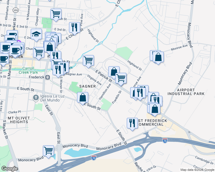 map of restaurants, bars, coffee shops, grocery stores, and more near 7 Hamilton Avenue in Frederick