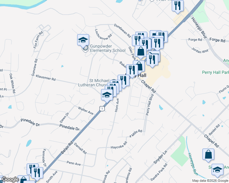 map of restaurants, bars, coffee shops, grocery stores, and more near 9532 Belair Road in Nottingham
