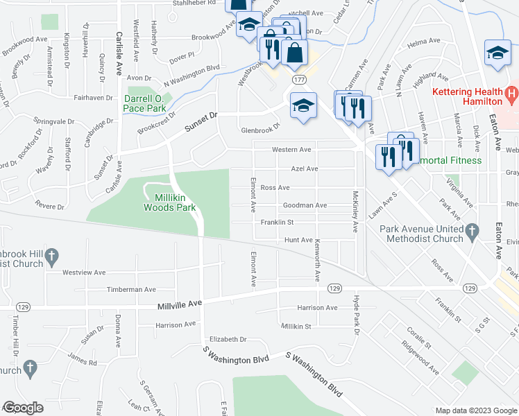 map of restaurants, bars, coffee shops, grocery stores, and more near 1239 Goodman Avenue in Hamilton