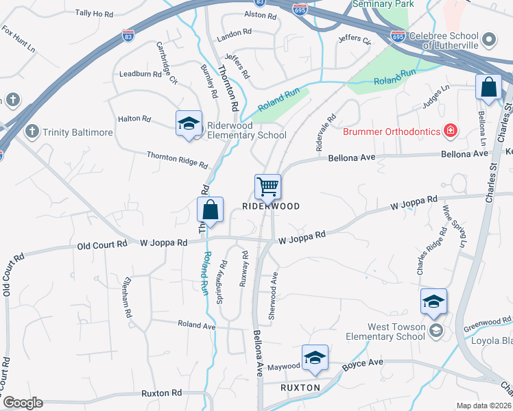 map of restaurants, bars, coffee shops, grocery stores, and more near 8025 Rider Avenue in Towson