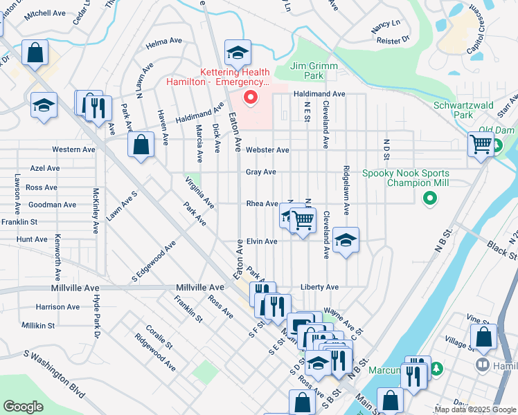 map of restaurants, bars, coffee shops, grocery stores, and more near 555 Rhea Avenue in Hamilton