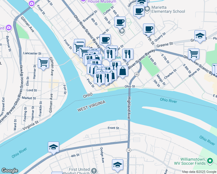 map of restaurants, bars, coffee shops, grocery stores, and more near 110 Greene Street in Marietta