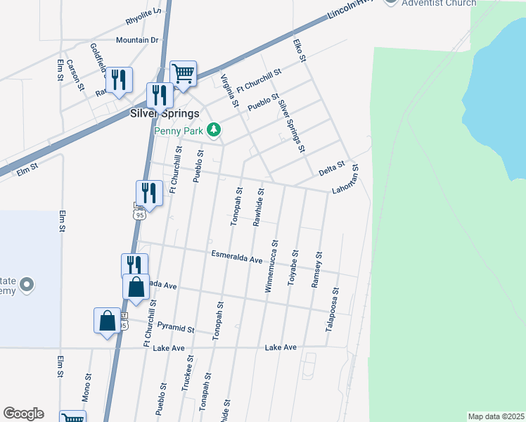 map of restaurants, bars, coffee shops, grocery stores, and more near 2590 Rawhide Street in Silver Springs
